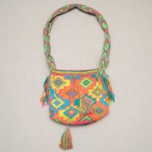 Vintage Woven Wayuu Hand Made Mochilla Bucket Bag Neon Rainbow